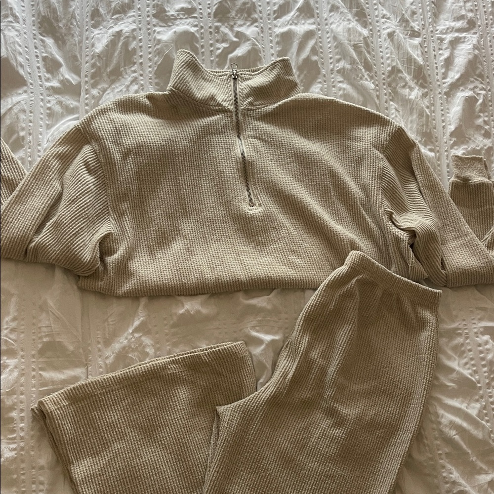 Beige Ribbed Knit Lounge Set